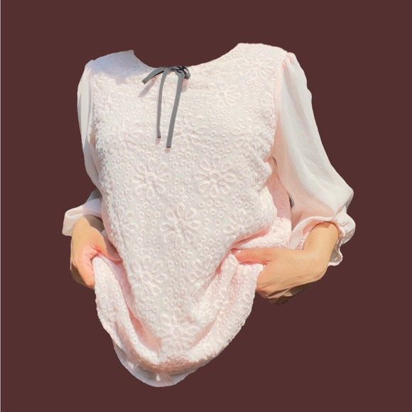 CeCe Tops - Coquette Y2k Feminine Pastel Pink Floral Sheer Lace Puff Sleeve Bow Blouse Top